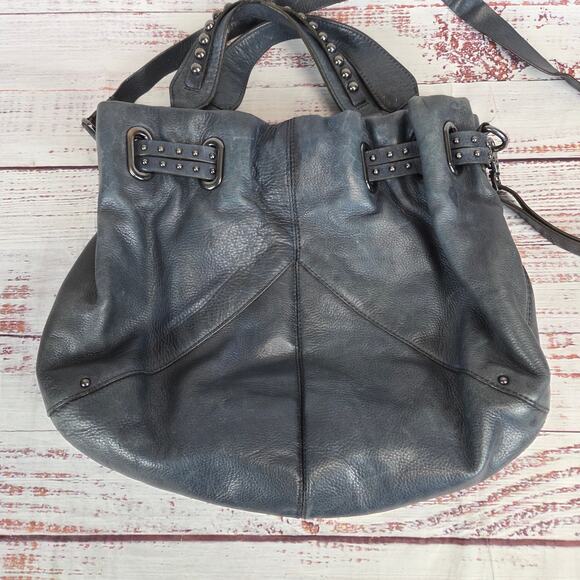 Banana Republic Dark Gray/Blue Genuine Leather Studded Dual Handle Crossbody Bag - Picture 4 of 12